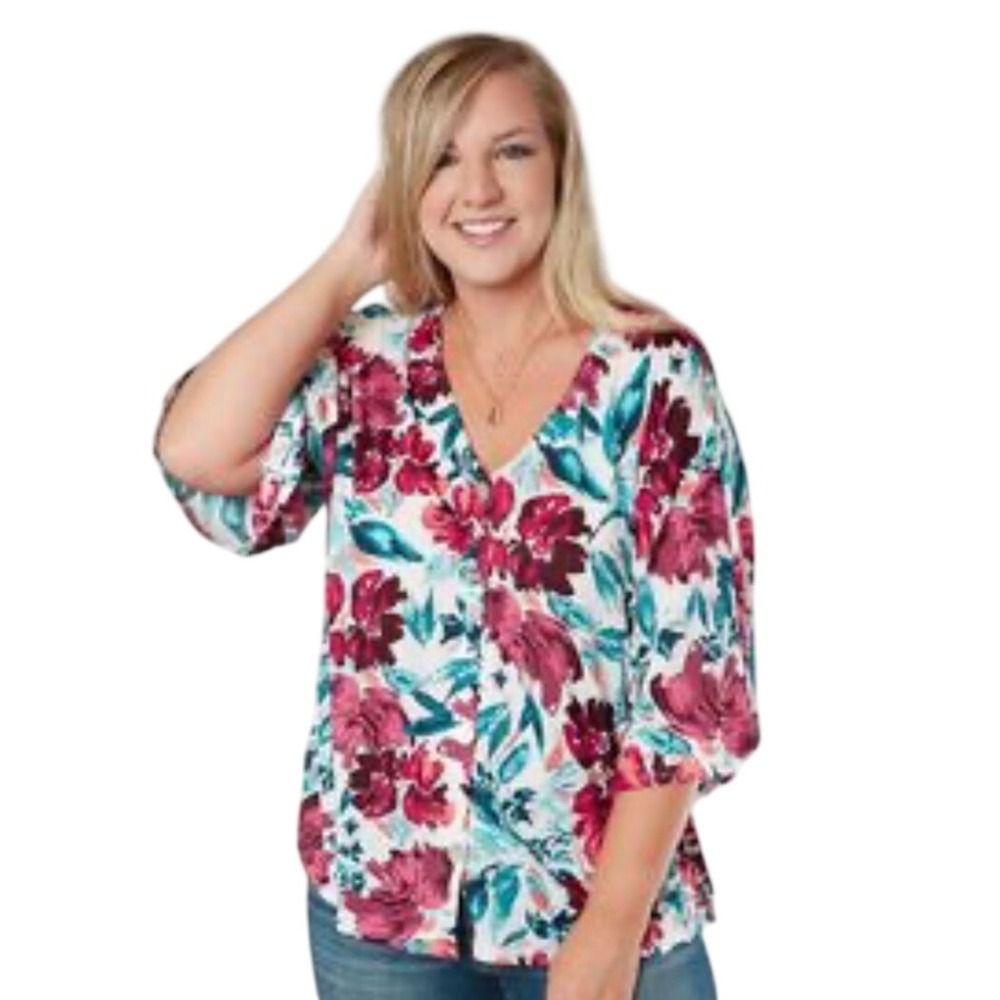 Willow Root Floral Blouse XS Magenta Teal V-Neck Bell Sleeve Button Front Top